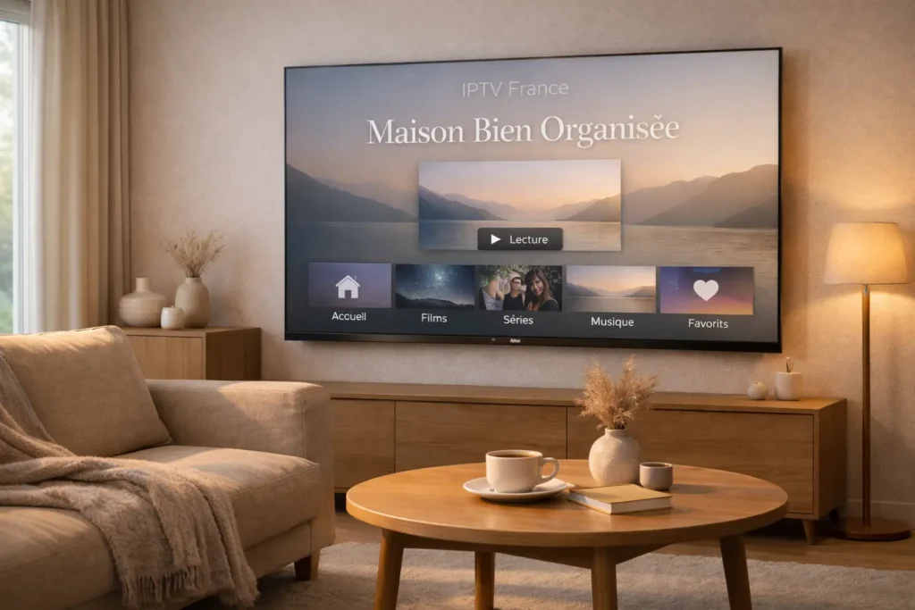 Maison moderne bien organisée avec Smart TV affichant une interface IPTV générique claire et structurée