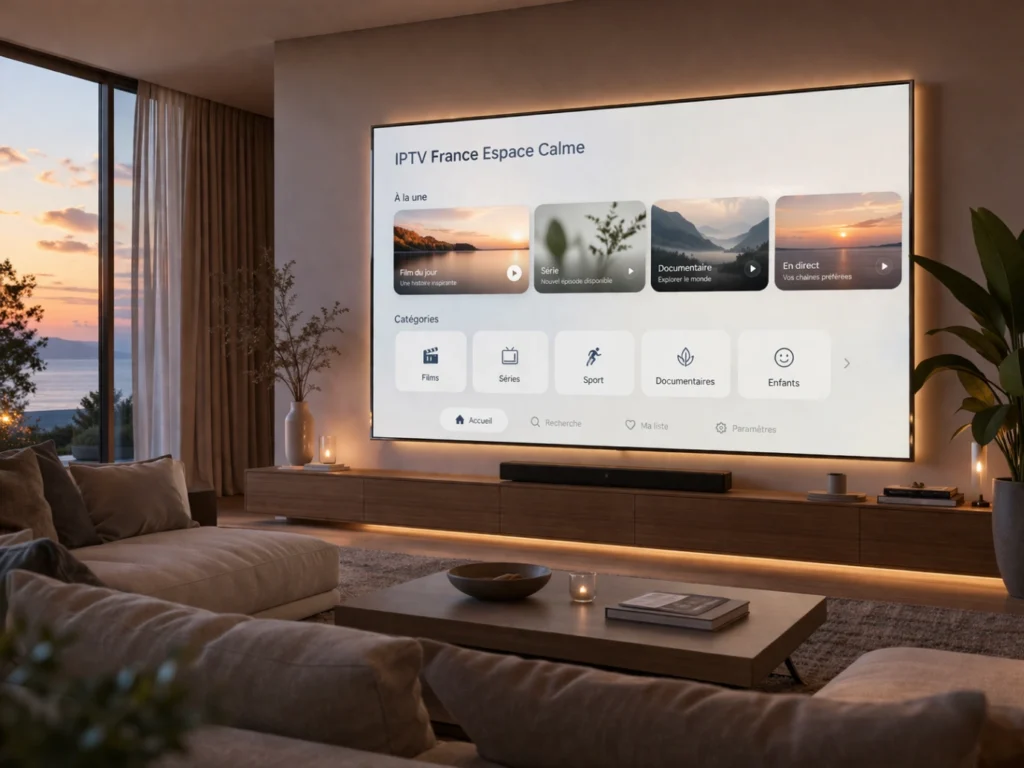 Salon moderne apaisant avec Smart TV affichant une interface IPTV générique claire dans un espace calme et élégant