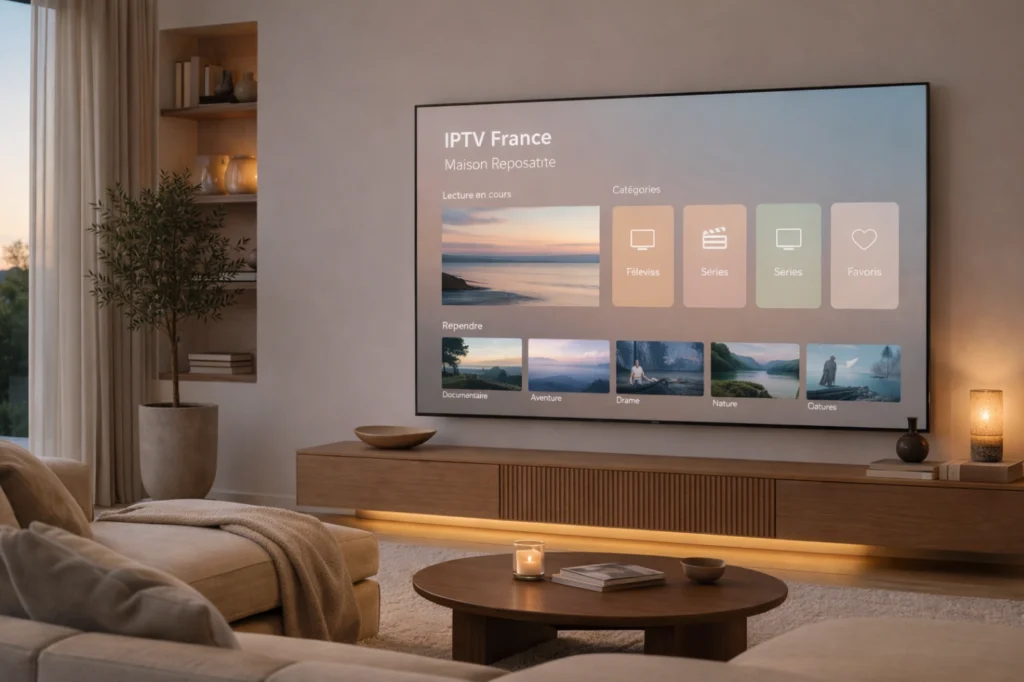 Maison moderne reposante avec Smart TV affichant une interface IPTV générique claire dans un salon élégant