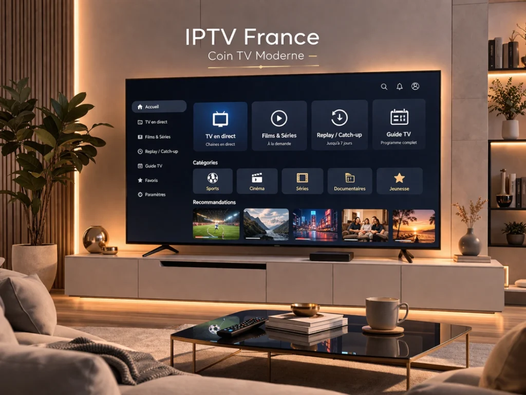 Coin TV moderne avec Smart TV affichant une interface IPTV générique claire dans un intérieur élégant