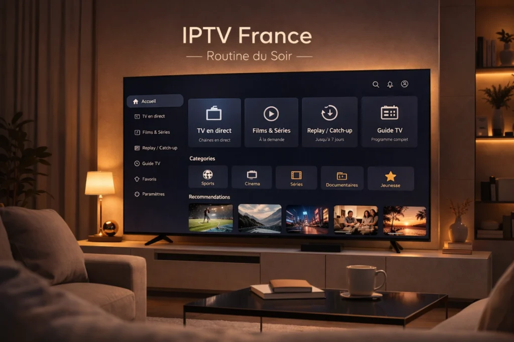 Salon moderne en soirée avec Smart TV affichant une interface IPTV générique claire pour une routine du soir apaisante