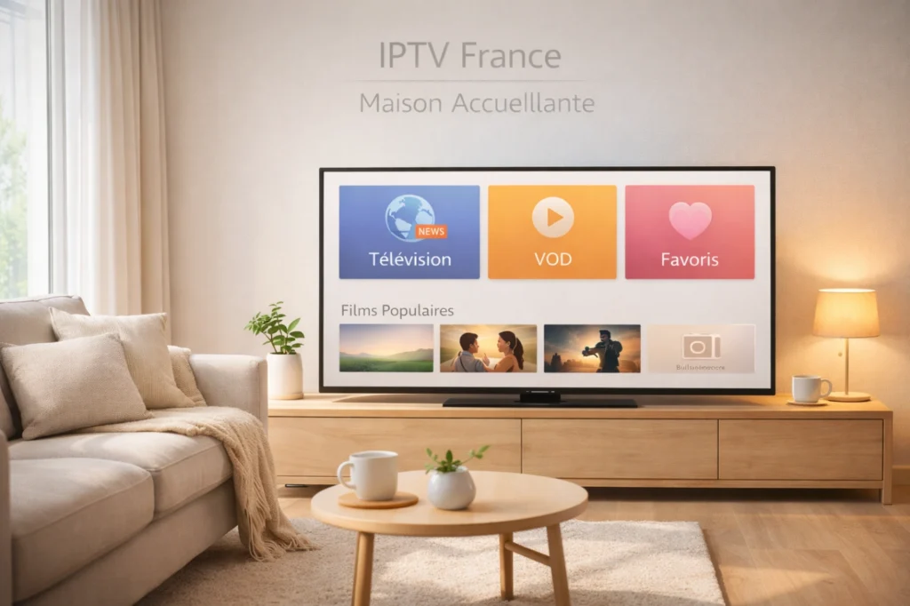 Maison moderne accueillante avec Smart TV affichant une interface IPTV générique claire dans un salon chaleureux