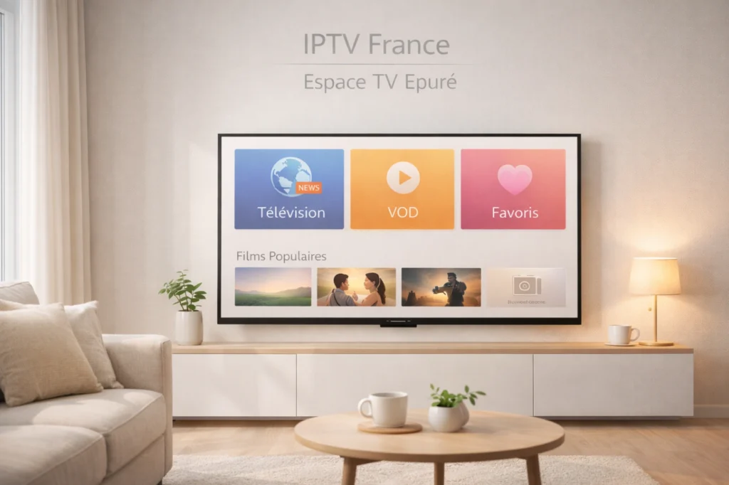 Espace TV épuré avec Smart TV affichant une interface IPTV générique claire dans un salon moderne