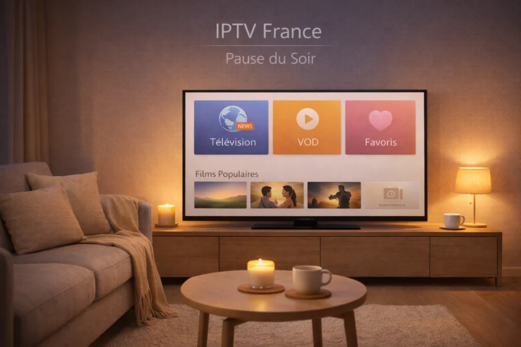 Salon moderne en soirée avec Smart TV affichant une interface IPTV générique claire pour une pause du soir relaxante