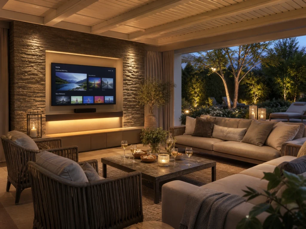 Espace invités extérieur couvert avec salon premium en soirée, grande TV affichant une interface média générique, éclairage chaleureux et ambiance conviviale.