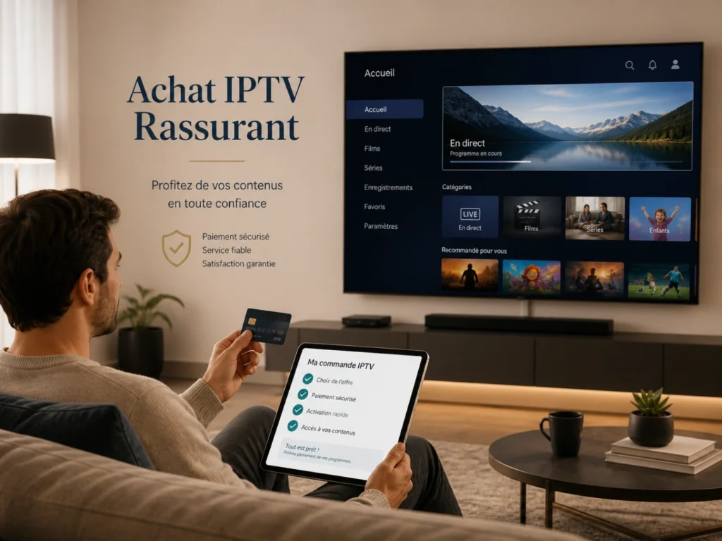 IPTV France achat rassurant dans un salon moderne avec télévision et checklist simple.