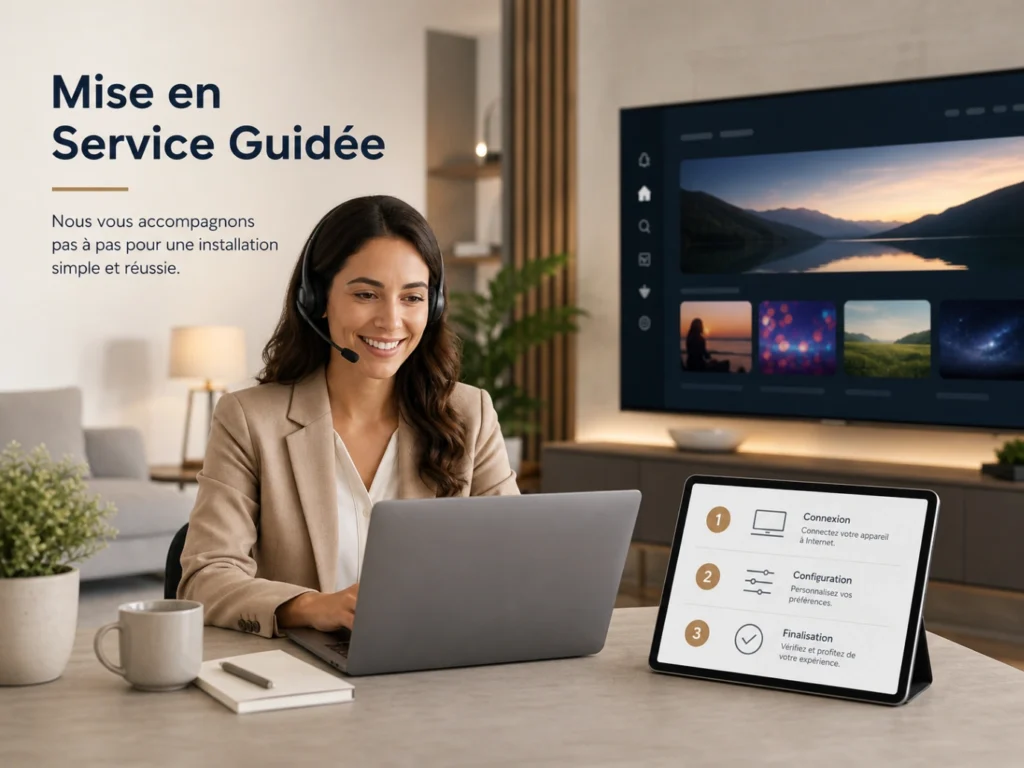 IPTV France mise en service guidée avec conseiller client, télévision moderne et étapes simples.