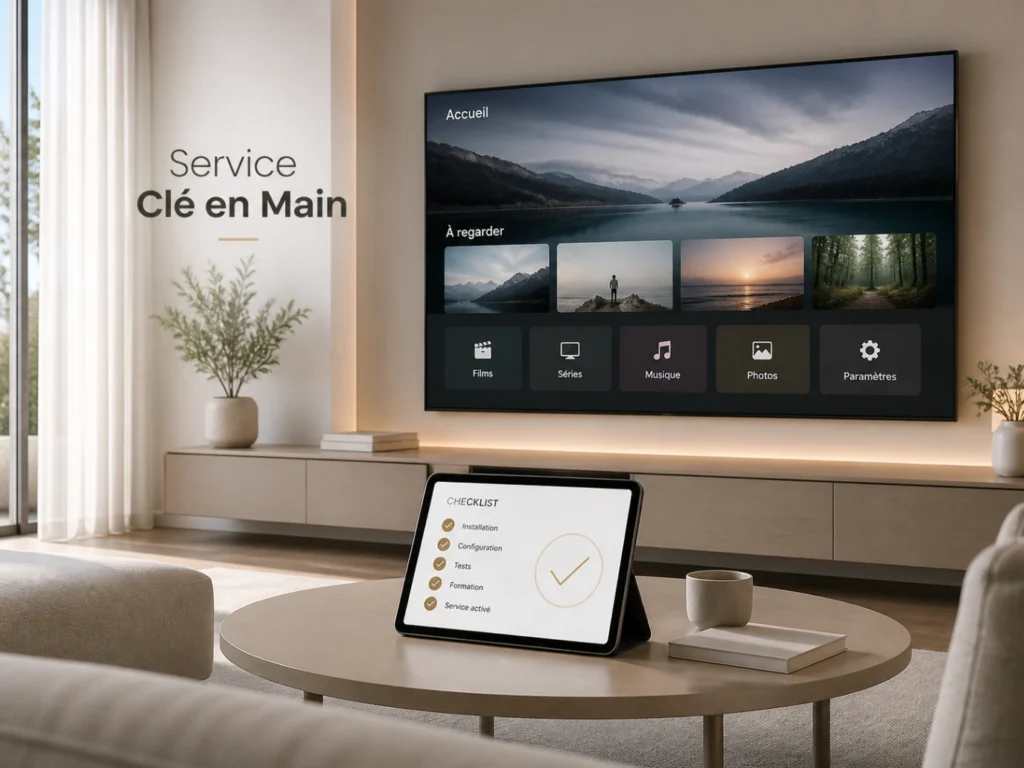IPTV France service clé en main dans un salon moderne avec télévision et checklist validée.