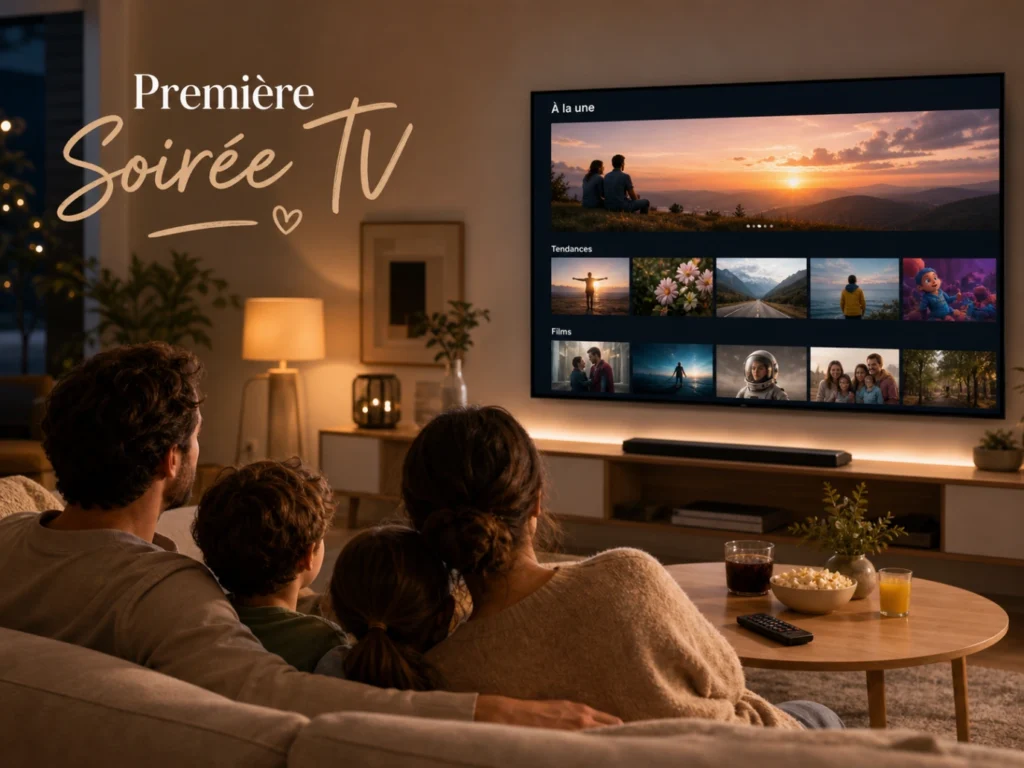 IPTV France première soirée TV dans un salon chaleureux avec famille et Smart TV.
