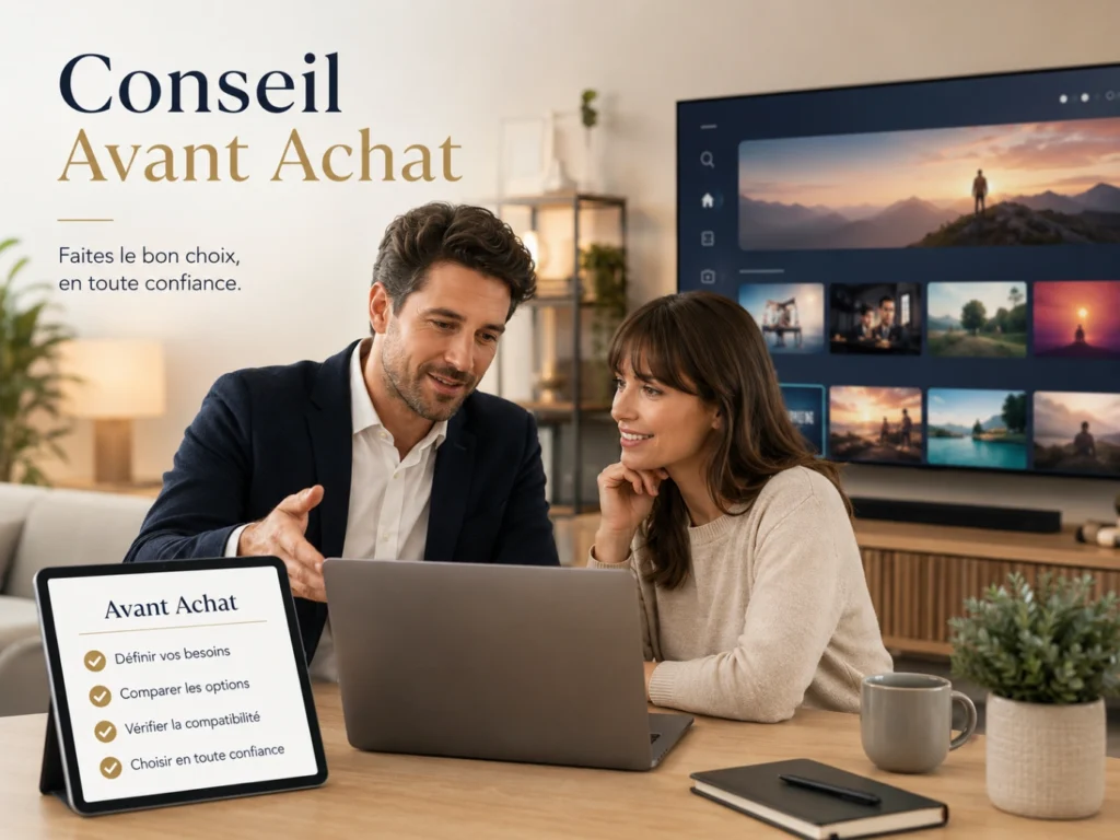 IPTV France conseil avant achat avec conseiller, checklist et Smart TV moderne.