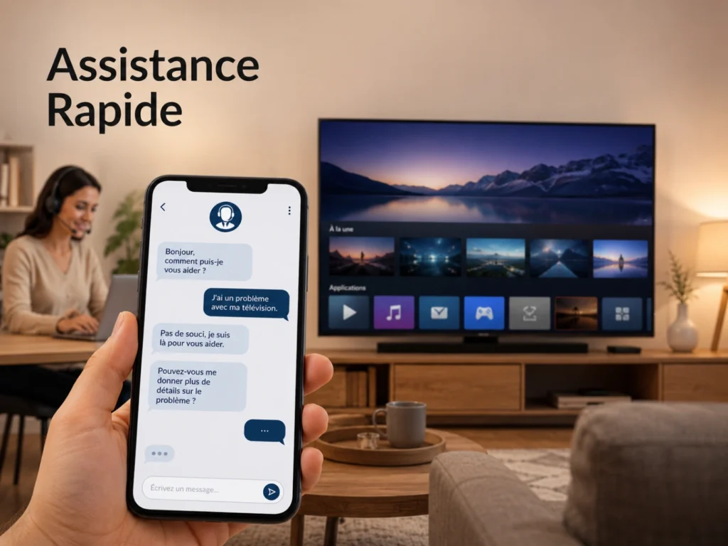 IPTV France assistance WhatsApp avec smartphone, bulle de chat et Smart TV moderne.