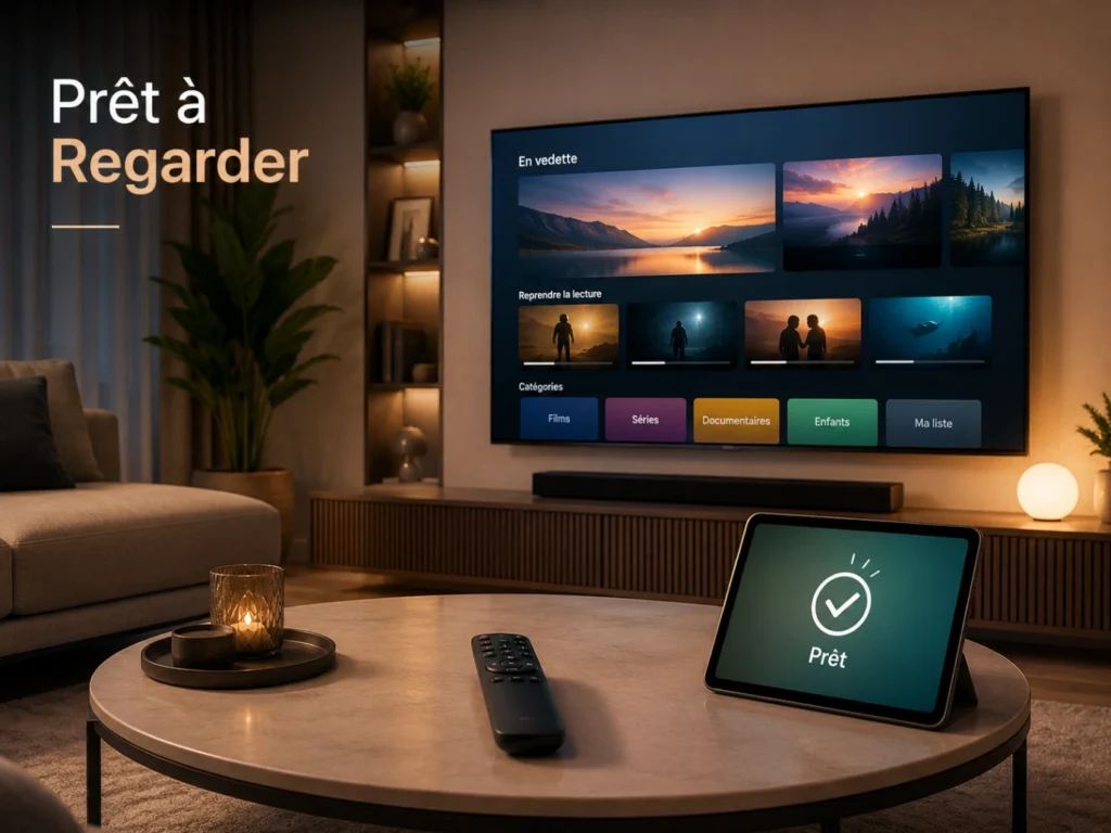 IPTV France offre prête à regarder avec Smart TV allumée, télécommande et tablette.