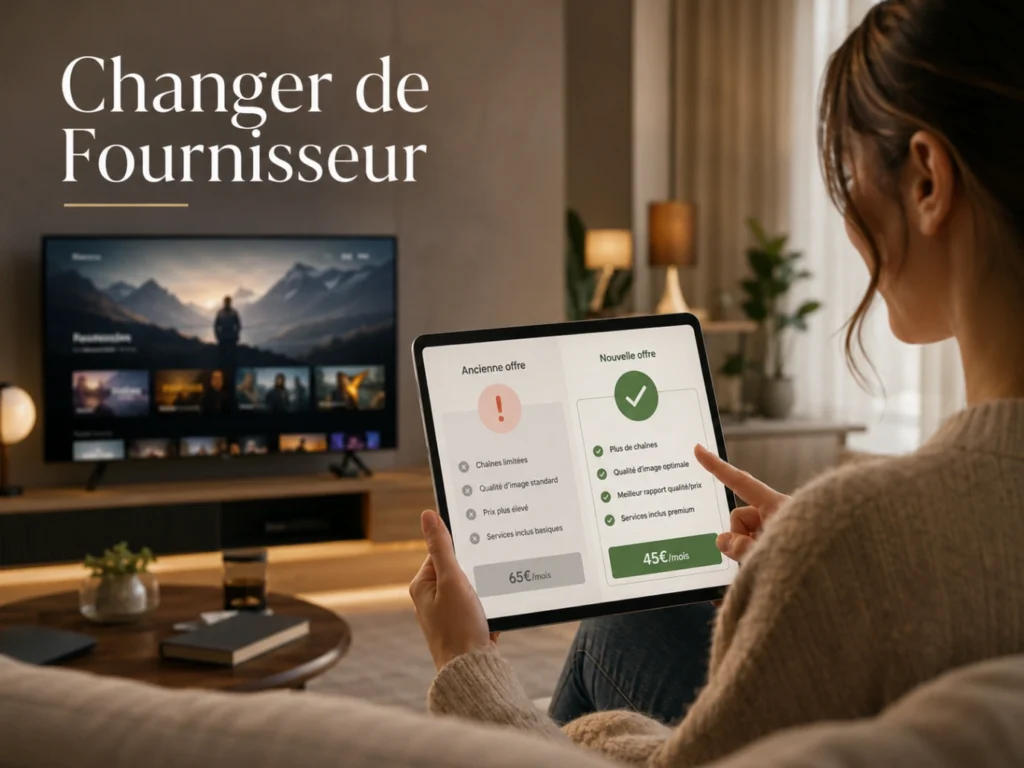 IPTV France changement de fournisseur avec comparaison claire sur tablette et Smart TV moderne.