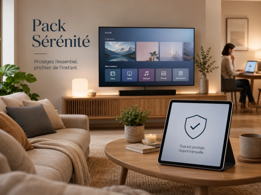 IPTV France pack sérénité avec Smart TV moderne, icône bouclier et assistance.