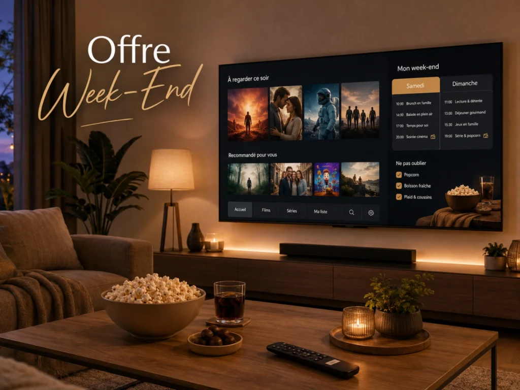 IPTV France offre week-end avec Smart TV, calendrier samedi dimanche et salon détente.