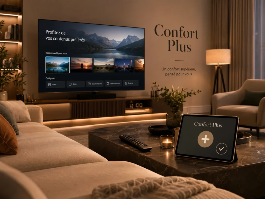 IPTV France offre confort plus avec salon premium, Smart TV et tablette.