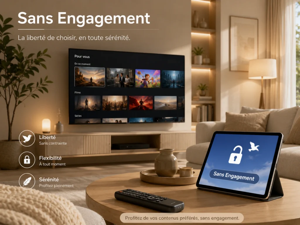 IPTV France sans engagement avec Smart TV moderne, tablette et icône liberté.