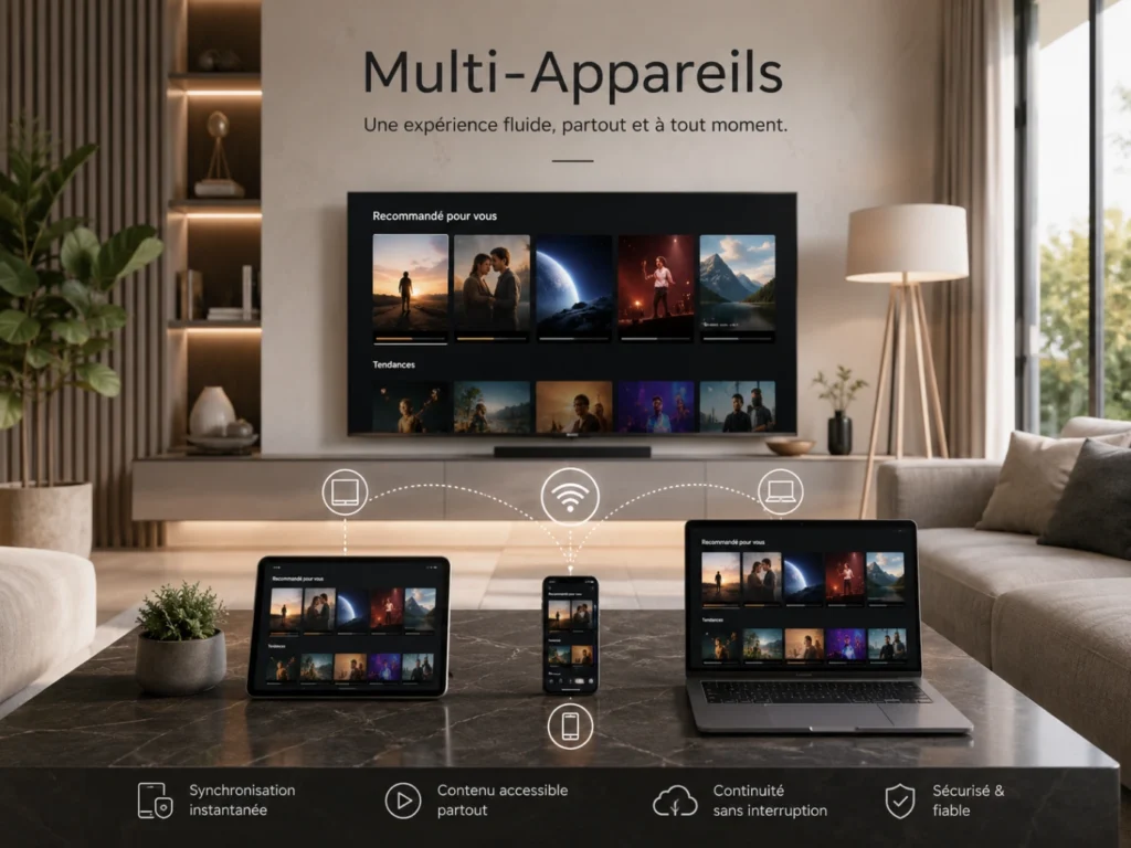IPTV France multi-appareils avec Smart TV, tablette, smartphone et ordinateur dans un salon moderne.