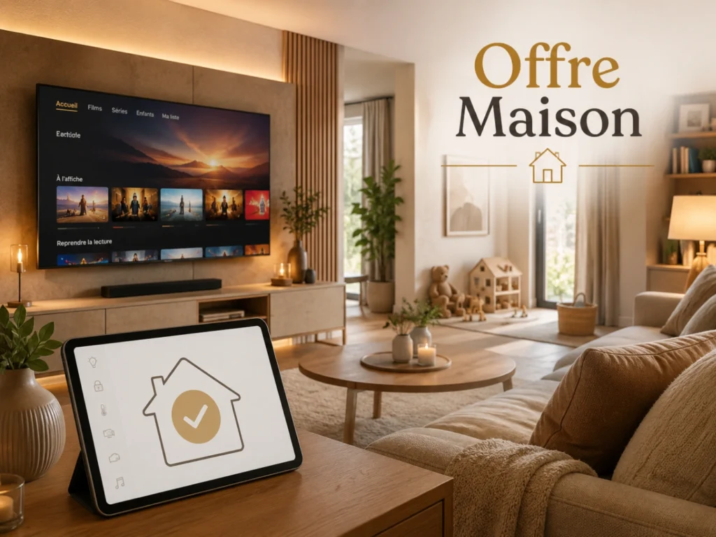 IPTV France offre spéciale maison avec salon moderne, Smart TV et icône maison.