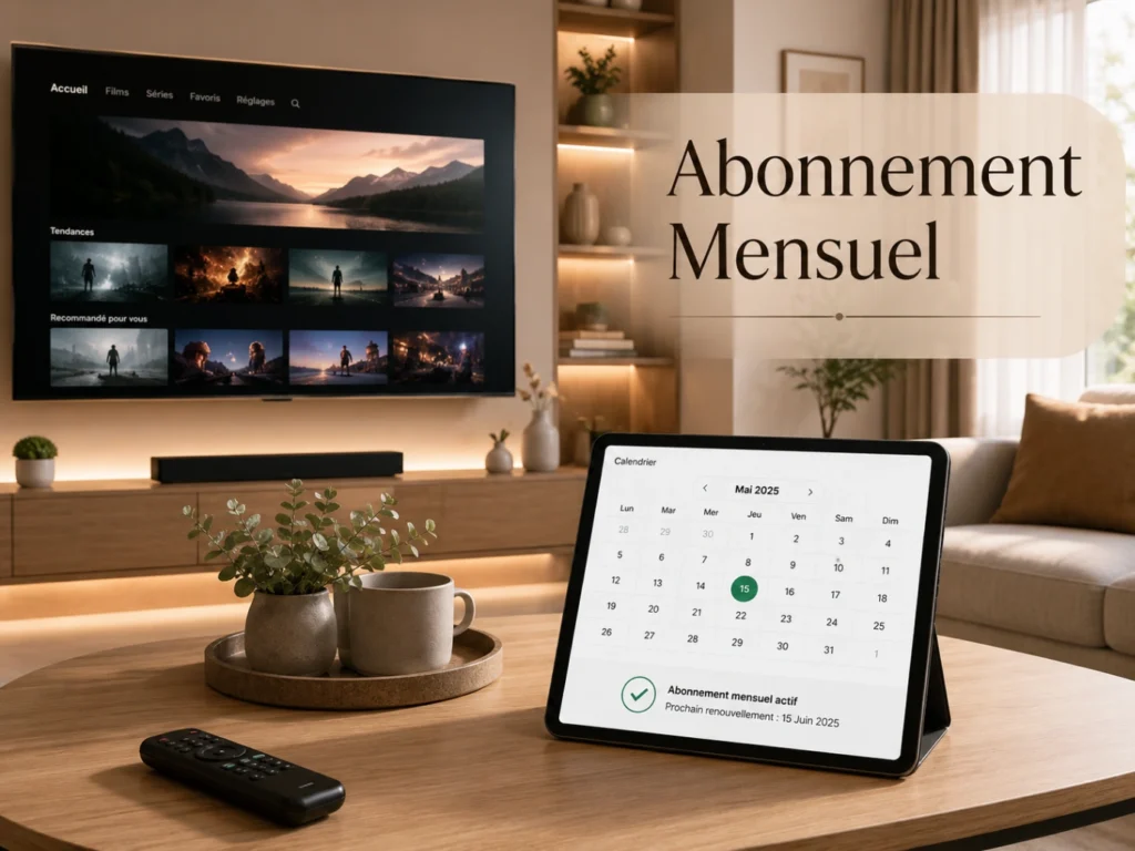 IPTV France abonnement mensuel avec calendrier, Smart TV moderne et télécommande.