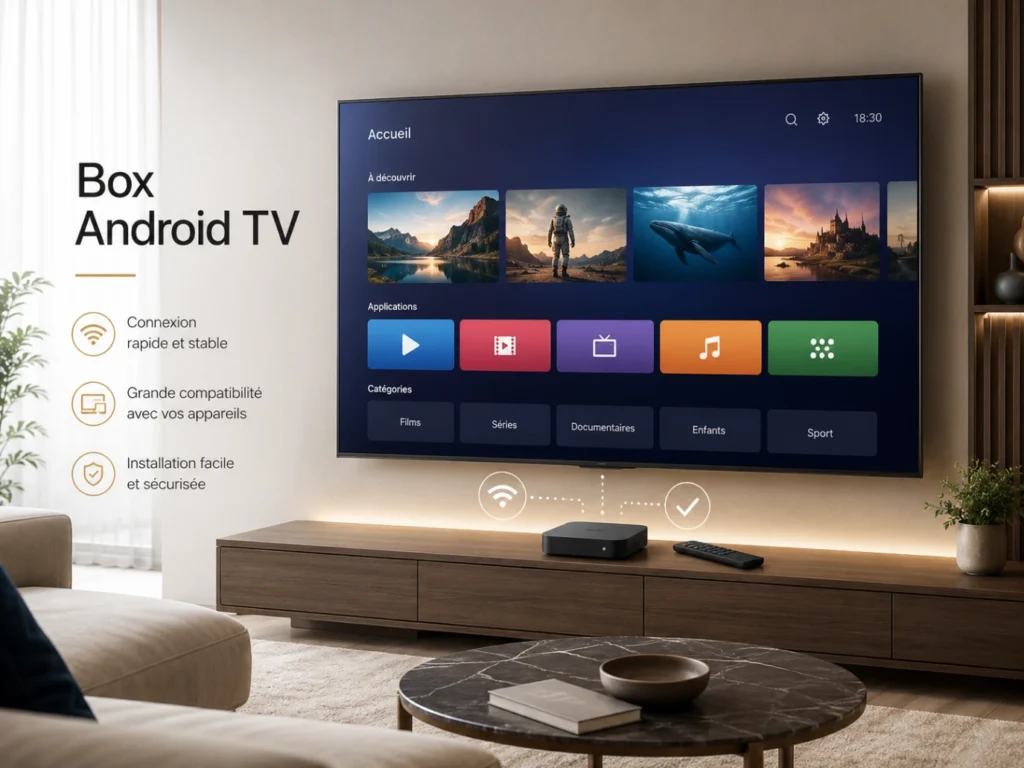 IPTV France box Android avec Smart TV moderne, box TV générique et télécommande.