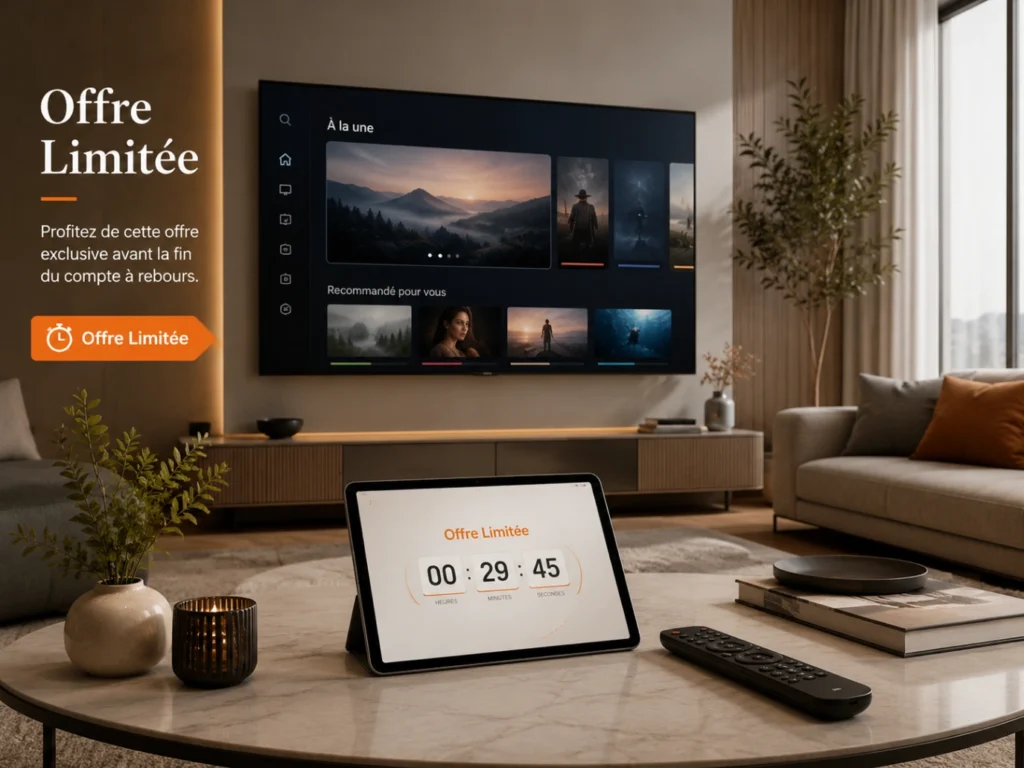 IPTV France offre limitée avec minuterie, Smart TV moderne et tablette.