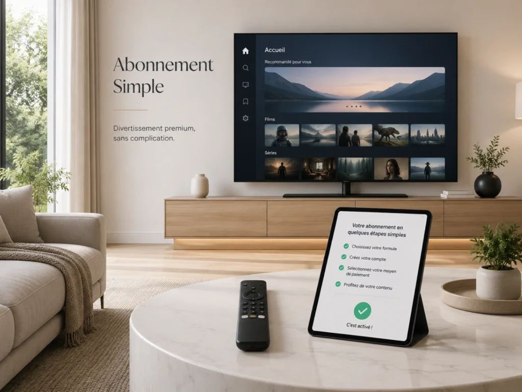 IPTV France abonnement simple avec Smart TV moderne, télécommande et checklist claire.