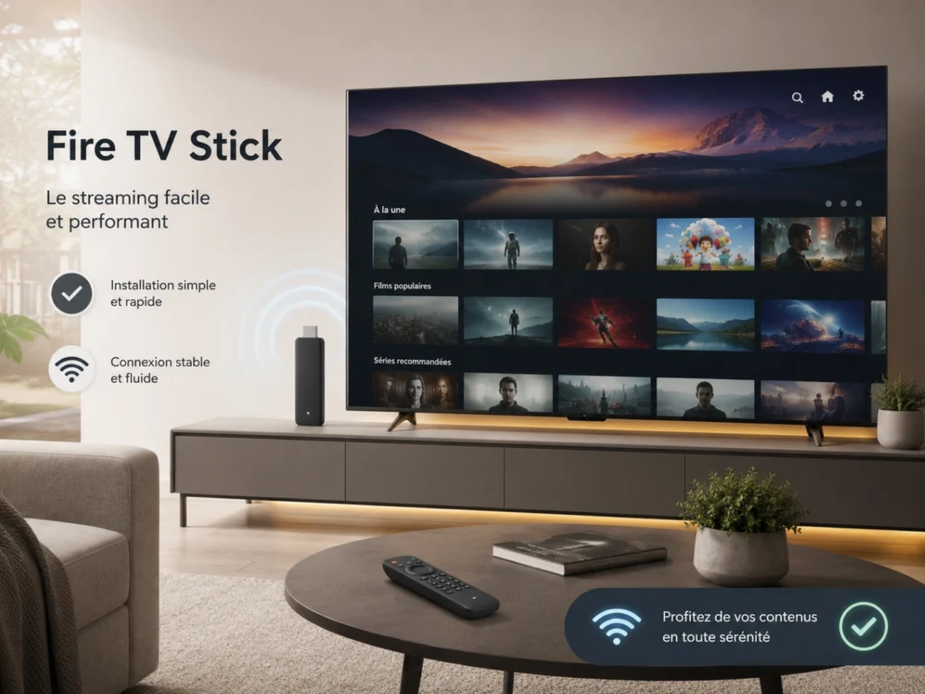 IPTV France Fire TV Stick avec télévision moderne, appareil de streaming générique et télécommande.