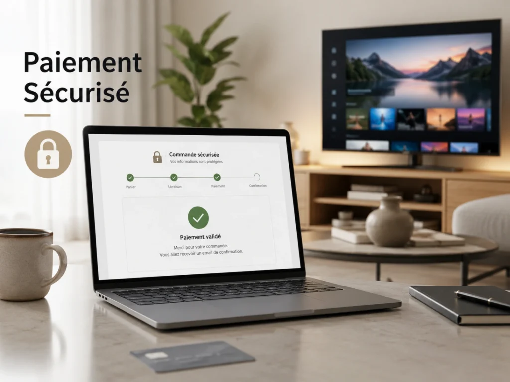 IPTV France paiement sécurisé avec ordinateur, icône cadenas et Smart TV moderne.