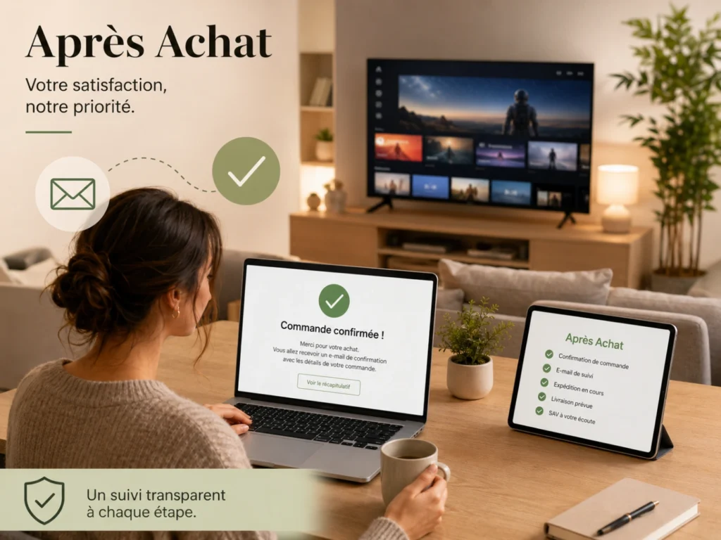 IPTV France après achat avec confirmation de commande, checklist et Smart TV moderne.