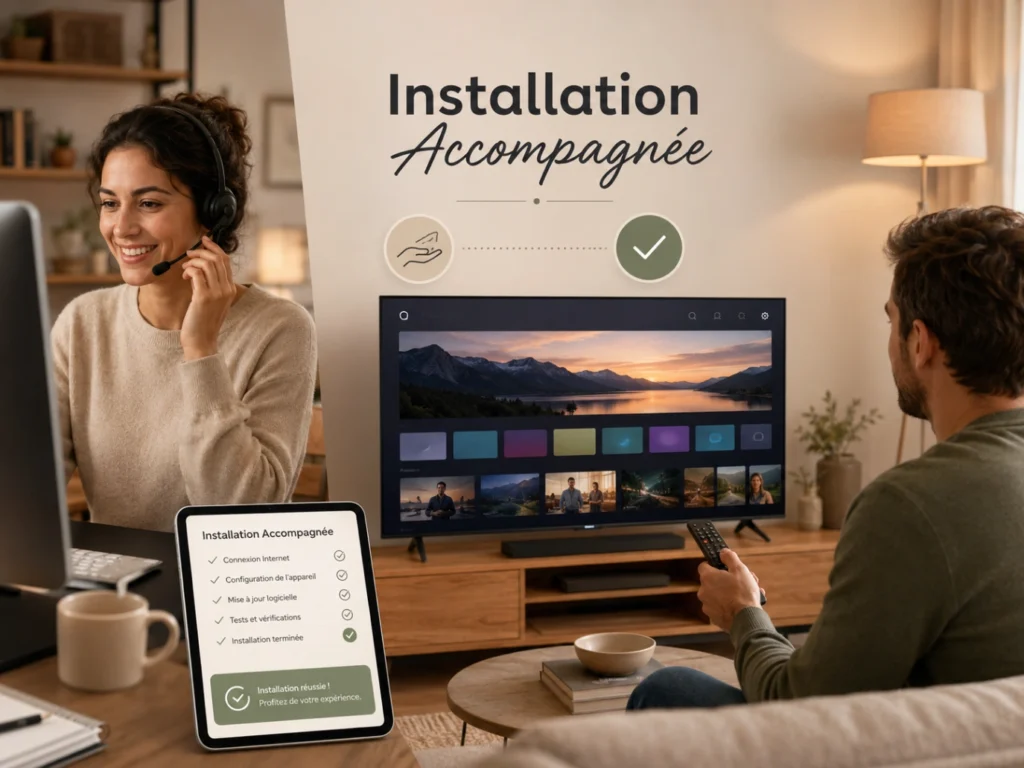 IPTV France installation accompagnée avec conseiller, checklist et télévision moderne.