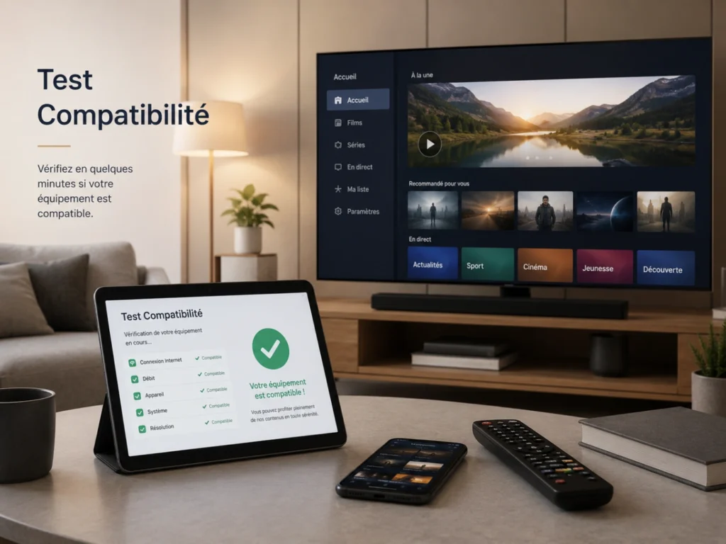 IPTV France test compatibilité avec Smart TV, tablette checklist et icône validation.