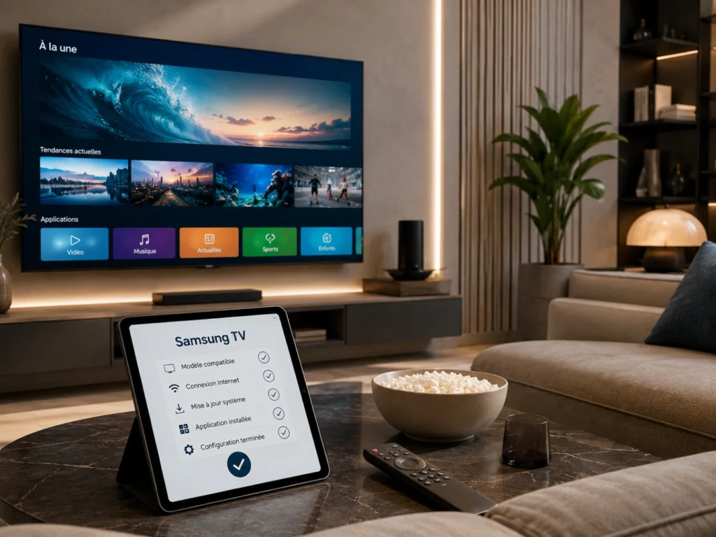 IPTV France Samsung TV avec Smart TV moderne, télécommande et checklist de compatibilité.