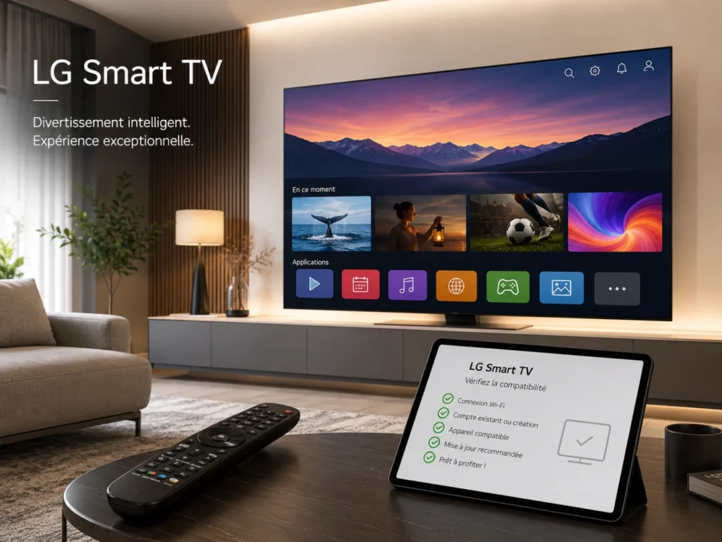 IPTV France LG Smart TV avec télévision moderne, tablette checklist et télécommande.