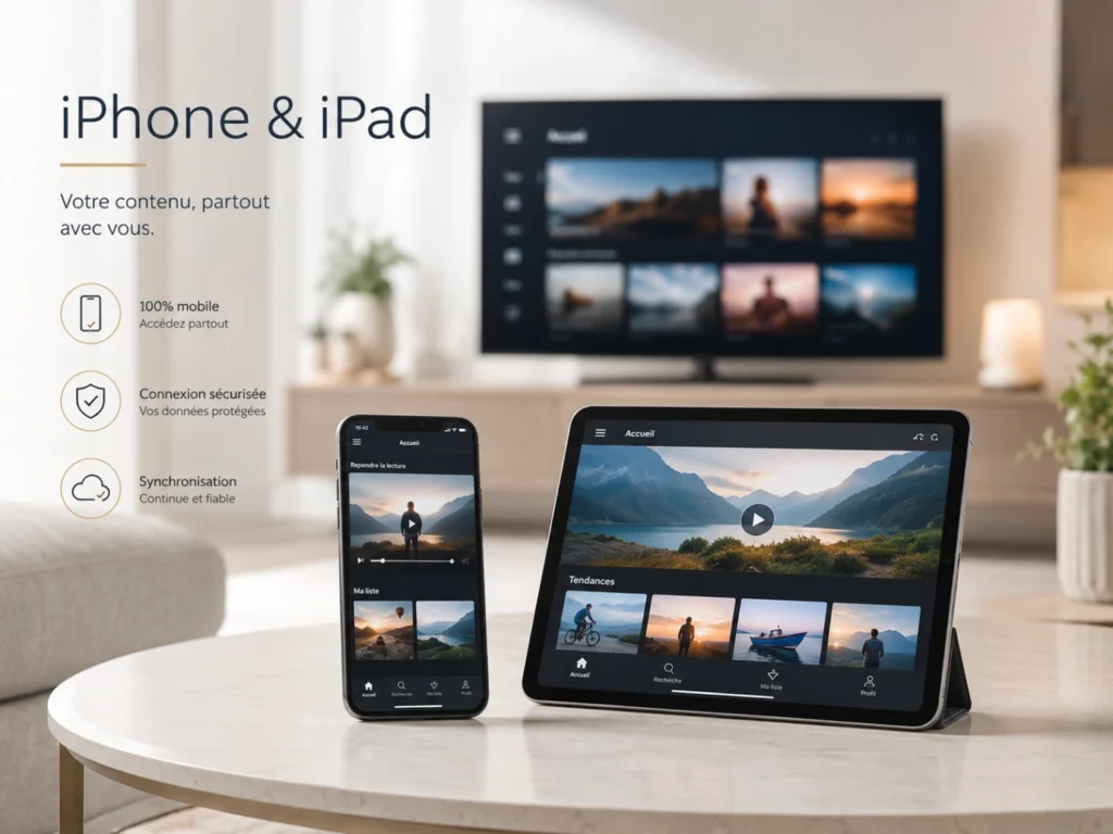 IPTV France iPhone iPad avec smartphone, tablette et interface média générique.