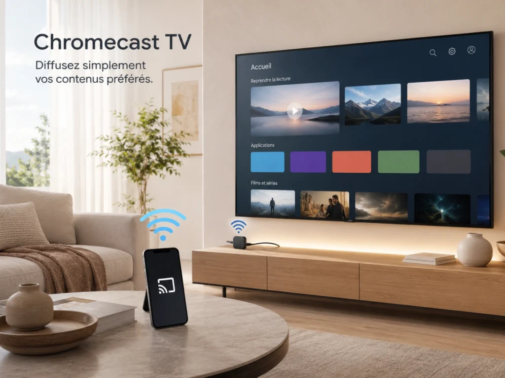 IPTV France Chromecast avec Smart TV moderne, smartphone et icône cast générique.