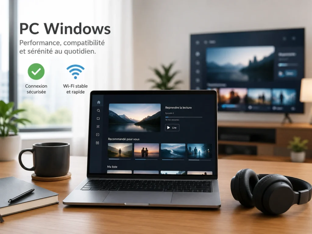 IPTV France PC Windows avec ordinateur portable, interface média générique et icône validation.