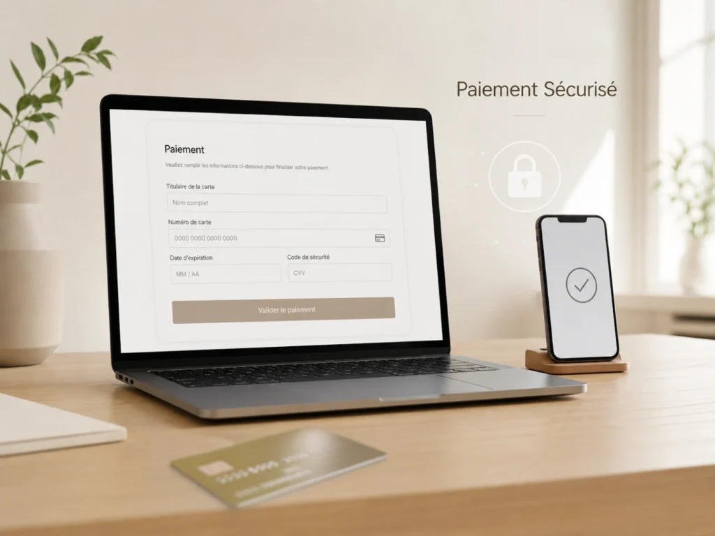 IPTV France paiement sécurisé avec ordinateur, carte bancaire floutée et cadenas digital.