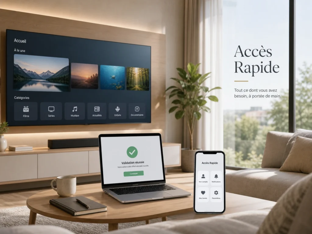 IPTV France livraison accès rapide avec Smart TV, ordinateur et notification de validation.