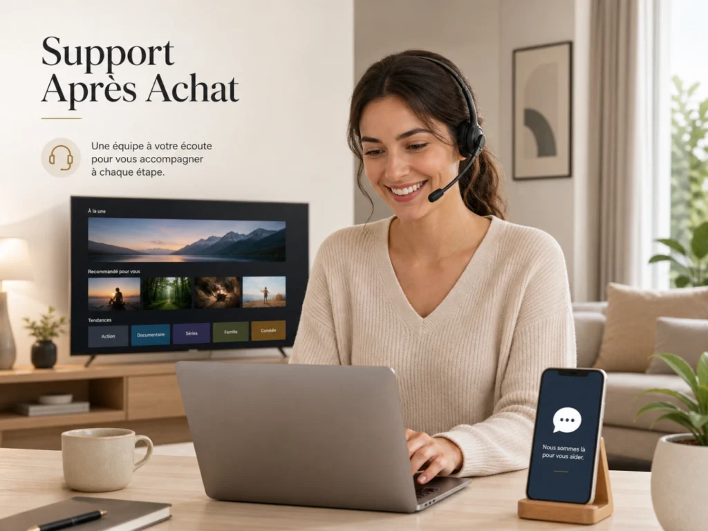 IPTV France support après achat avec conseiller client, télévision moderne et assistance sur smartphone.