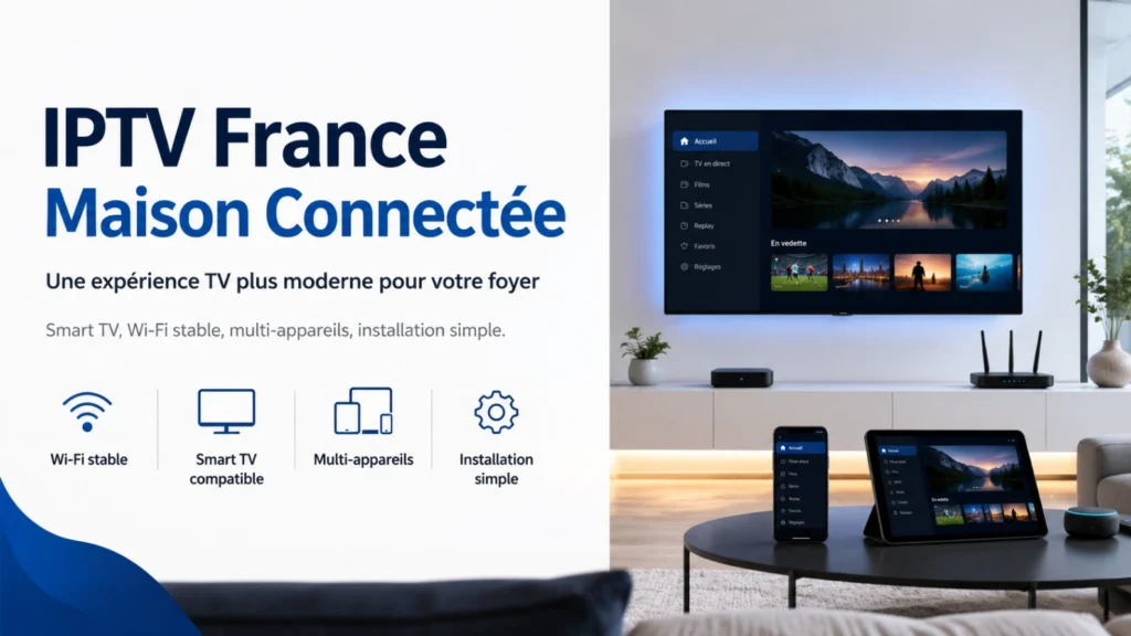 IPTV France maison connectée avec Smart TV, routeur, smartphone et tablette.