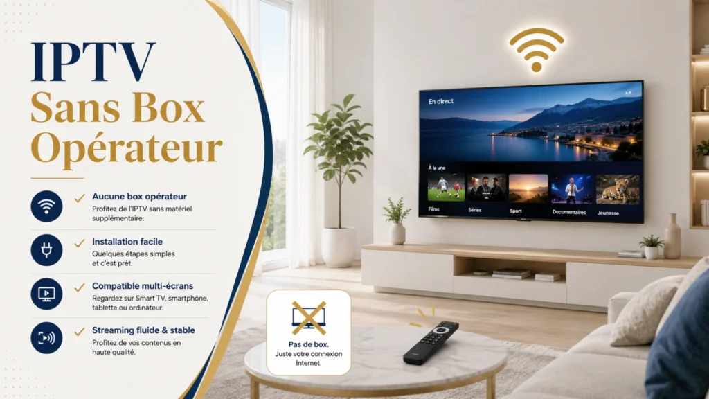 Infographie IPTV sans box opérateur avec Smart TV, Wi-Fi et checklist d’installation simple.