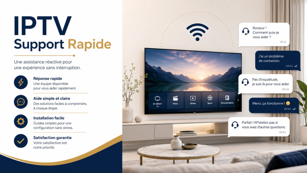 Infographie abonnement IPTV avec support WhatsApp, Smart TV, assistance rapide et checklist d’installation.
