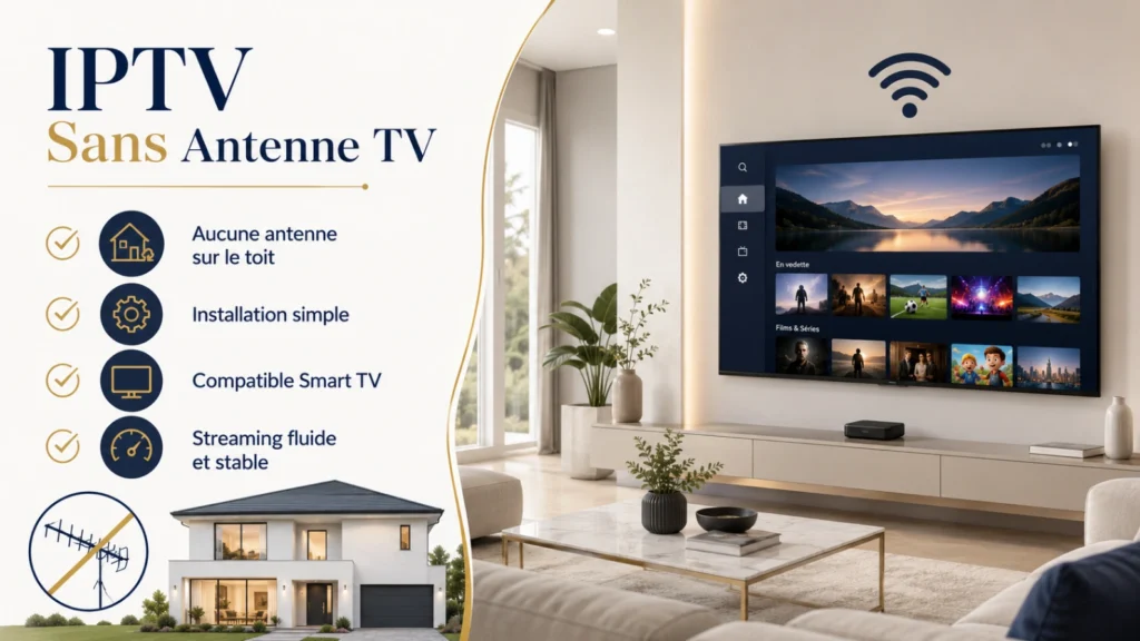 Infographie IPTV sans antenne TV avec Smart TV, Wi-Fi et installation simple à la maison.