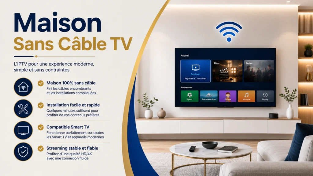 Infographie IPTV maison sans câble TV avec salon moderne, Smart TV et connexion Wi-Fi.