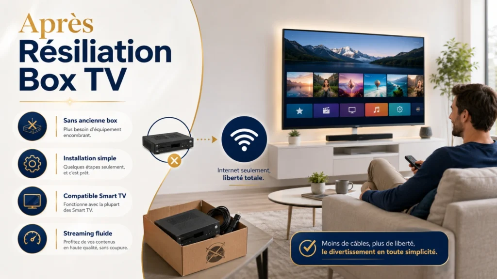 Infographie IPTV après résiliation box TV avec ancienne box, Smart TV et checklist de choix.