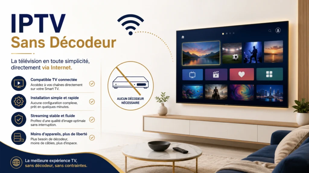 Infographie IPTV sans décodeur avec Smart TV, Wi-Fi et installation moderne.