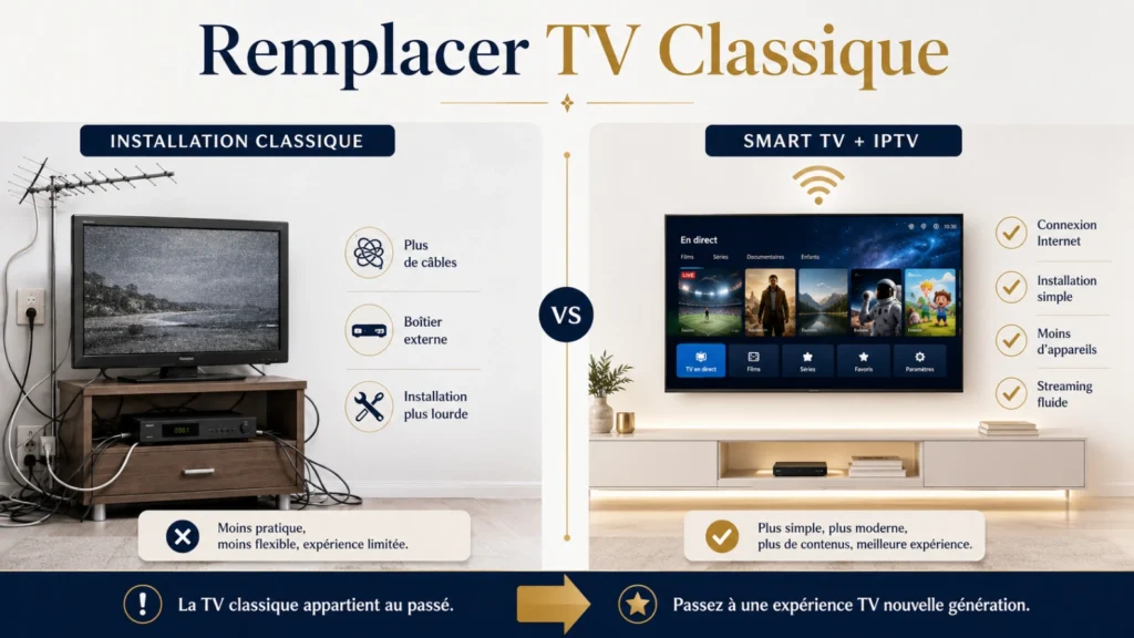 Infographie comparant télévision classique et IPTV moderne avec Smart TV et Wi-Fi.
