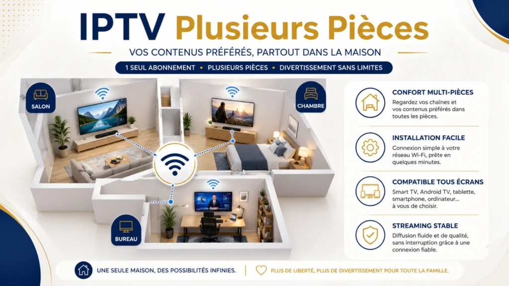 Infographie IPTV plusieurs pièces maison avec salon, chambre, bureau, Smart TV et Wi-Fi.