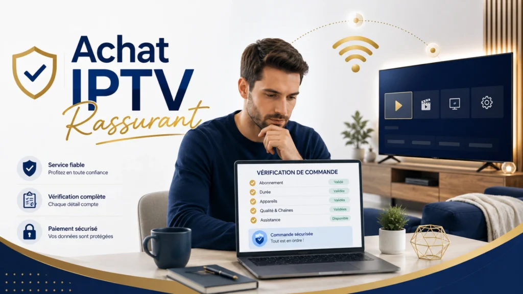 Infographie achat IPTV sans mauvaise surprise avec checklist, Smart TV et client rassuré.